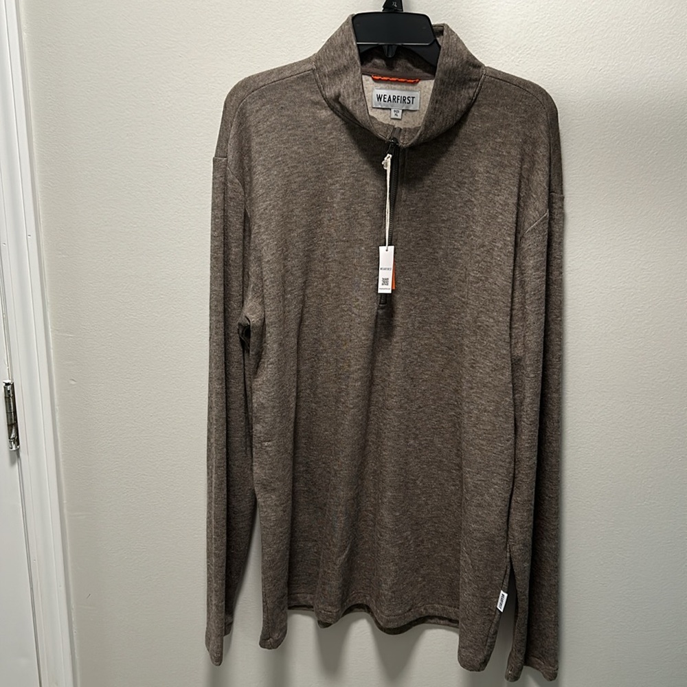 New Men’s WEARFIRST Quarter Zip Long Sleeve Pullover Size XL Brown/Tan Heathered